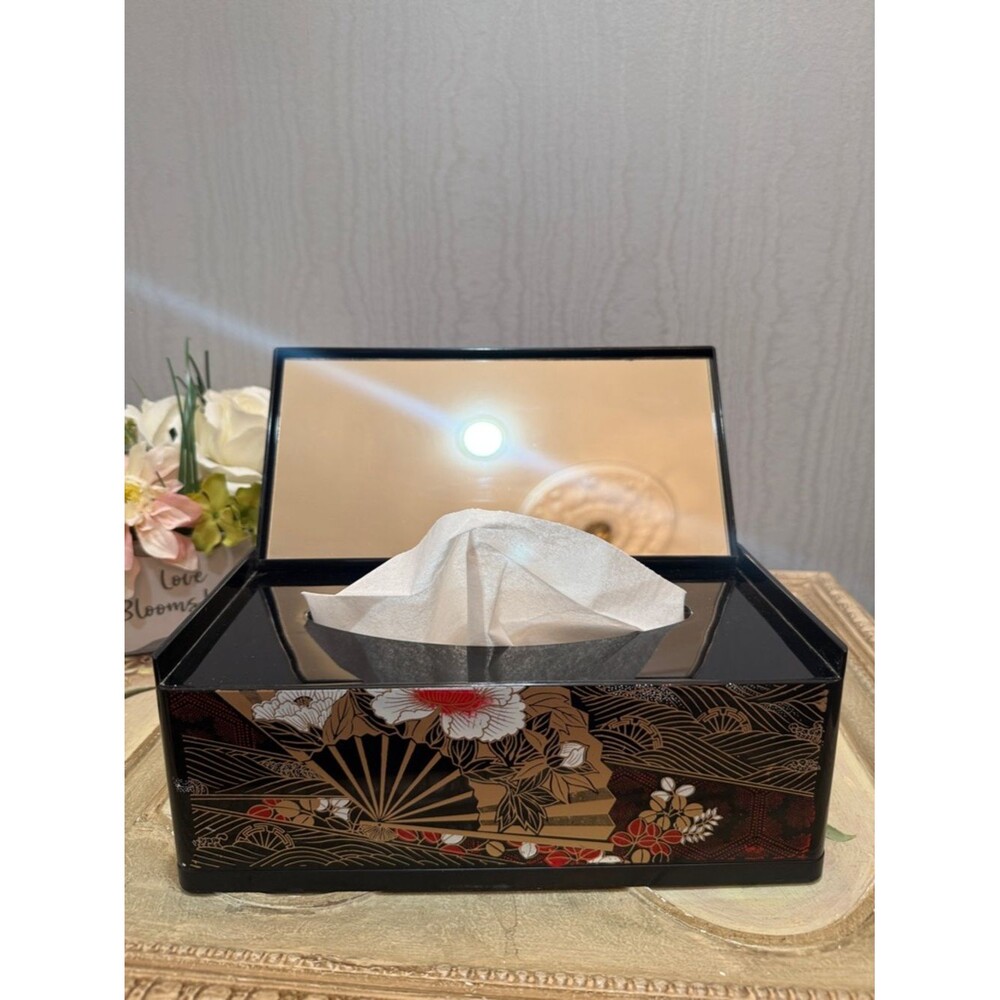 Vintage Japanese Style Black Lacquer Tissue Box Holder with Mirror Floral Fan